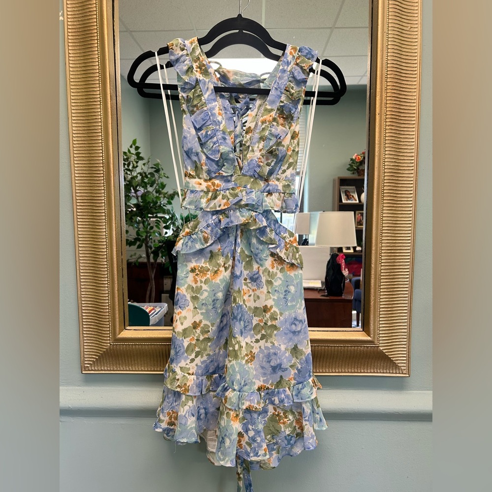 Elegant Floral Midi Dress - Blue and Green - Picture 1 of 7